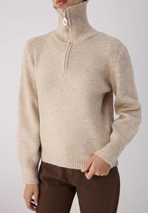 Trendyol - Wardrobe Essentials Wool Premium Yarn Zippered Basic Knitwear Sweater - Stone