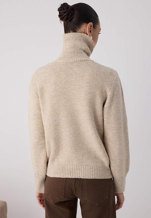 Trendyol - Wardrobe Essentials Wool Premium Yarn Zippered Basic Knitwear Sweater - Stone