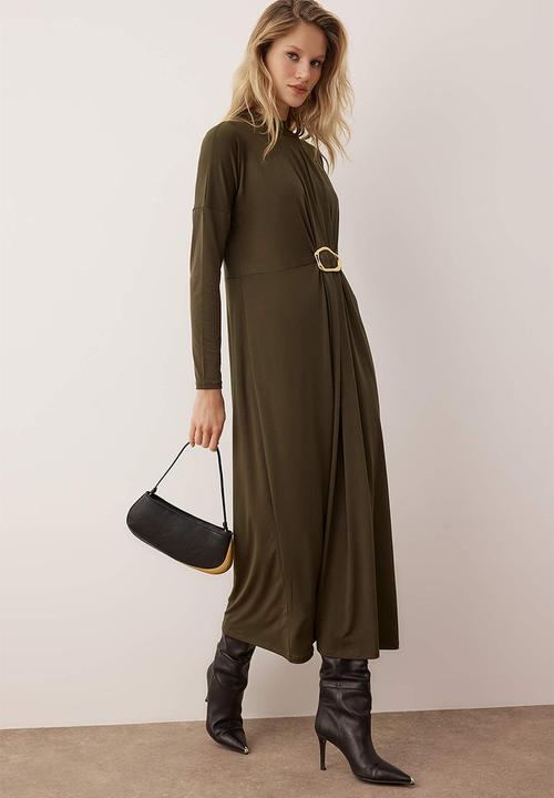 Trendyol - Sandy Knitted Dress with Buckle Detail at Waist - Khaki