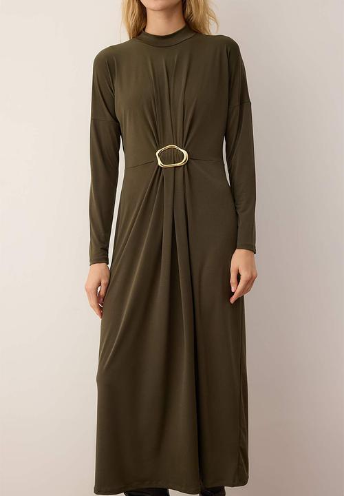 Trendyol - Sandy Knitted Dress with Buckle Detail at Waist - Khaki
