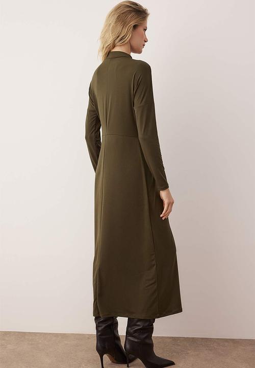 Trendyol - Sandy Knitted Dress with Buckle Detail at Waist - Khaki