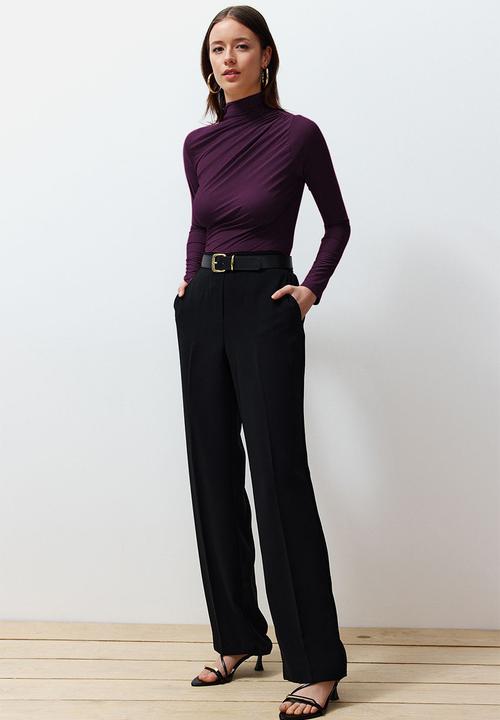 Trendyol - Square Collar Stretch Knitted Blouse - Drawstring, Fitted - Plum