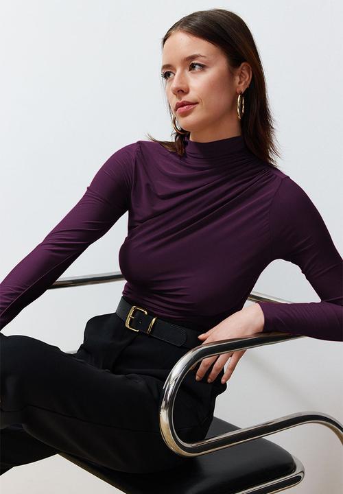 Trendyol - Square Collar Stretch Knitted Blouse - Drawstring, Fitted - Plum