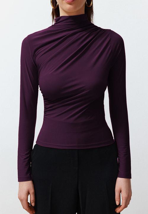 Trendyol - Square Collar Stretch Knitted Blouse - Drawstring, Fitted - Plum