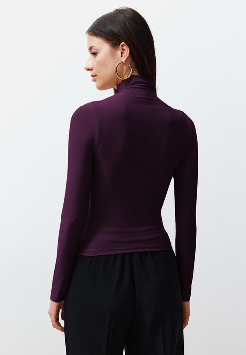 Trendyol - Square Collar Stretch Knitted Blouse - Drawstring, Fitted - Plum