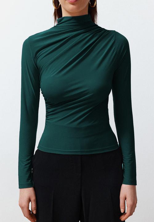 Trendyol - Stretchy Square Neck Drawstring Blouse - Emerald Green