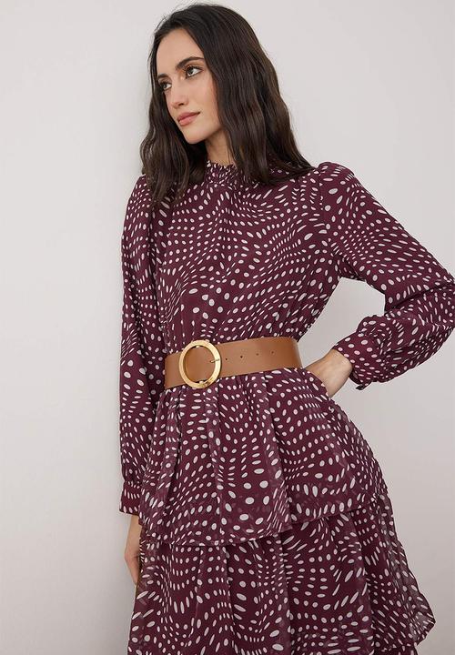 Trendyol - Belted Polka Dot Chiffon Dress - Burgundy