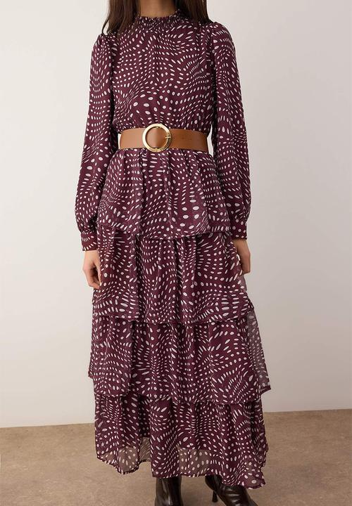 Trendyol - Belted Polka Dot Chiffon Dress - Burgundy