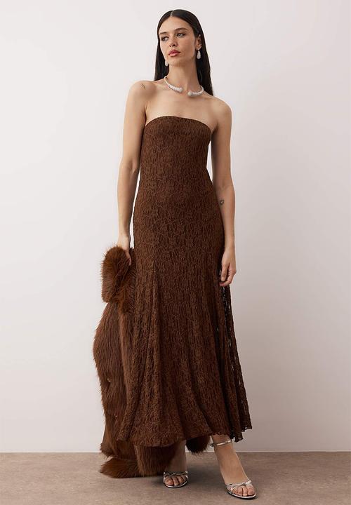 Trendyol - Straight Lace Strapless Midi Lined Dress - Brown