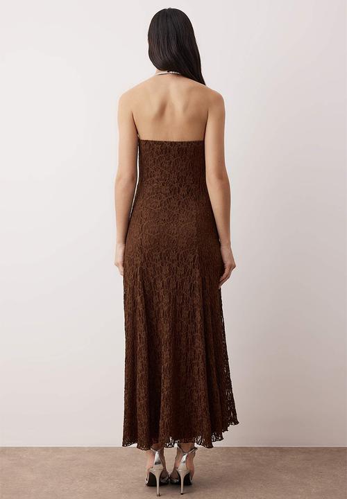 Trendyol - Straight Lace Strapless Midi Lined Dress - Brown