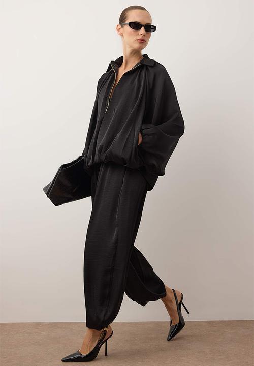 Trendyol - Satin Balloon Mold Pants Jacket Woven Bottom Top Set - Black