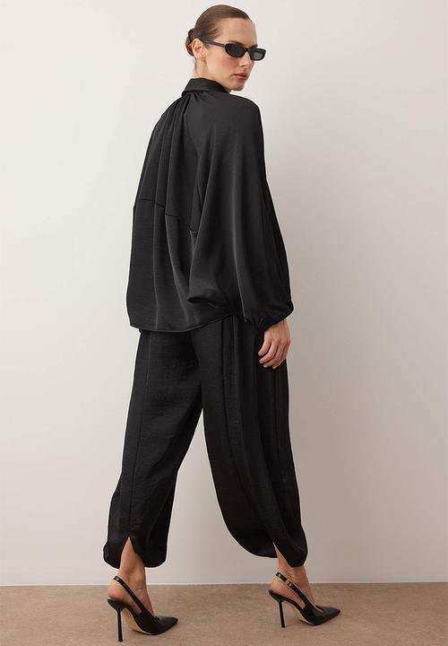 Trendyol - Satin Balloon Mold Pants Jacket Woven Bottom Top Set - Black