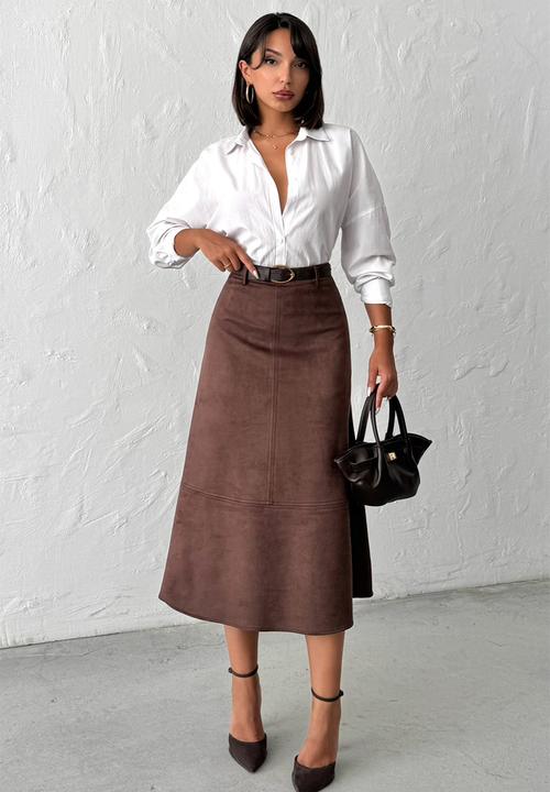 Trendyol - A-Line Midi Knitted Suede Skirt - Dark Brown