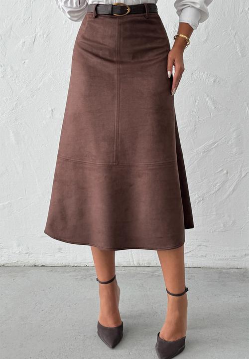 Trendyol - A-Line Midi Knitted Suede Skirt - Dark Brown