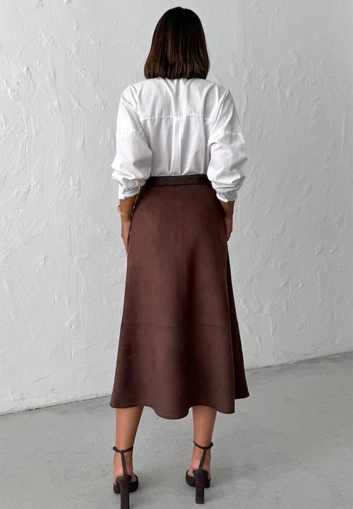 Trendyol - A-Line Midi Knitted Suede Skirt - Dark Brown