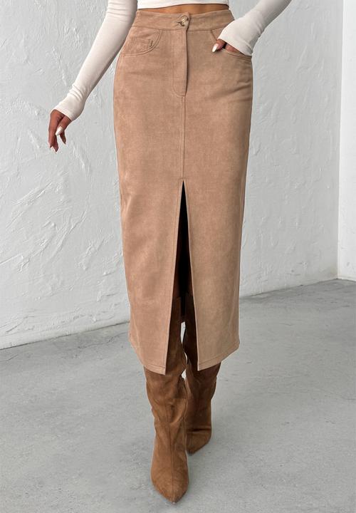 Trendyol - Suede Midi Knitted Pencil Skirt - Mink