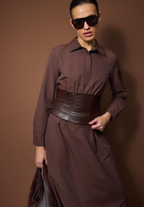 Trendyol - Leather Corset Belt Woven Dress - Brown