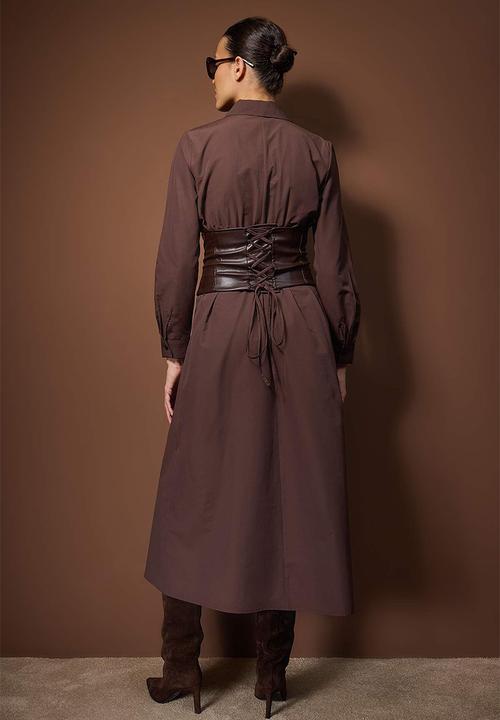 Trendyol - Leather Corset Belt Woven Dress - Brown