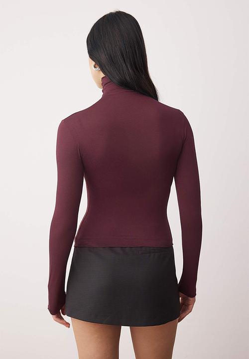 Trendyol - Transparent Stand Collar Flexible Regular Length Knitted Blouse - Plum