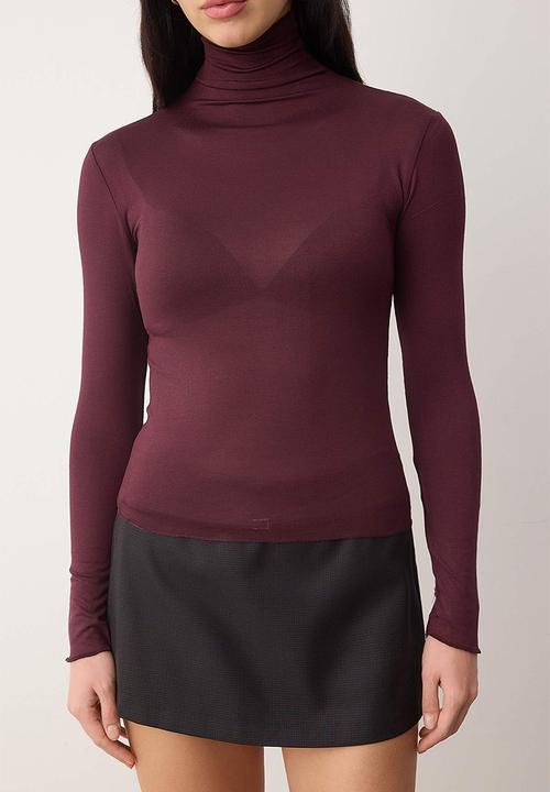 Trendyol - Transparent Stand Collar Flexible Regular Length Knitted Blouse - Plum