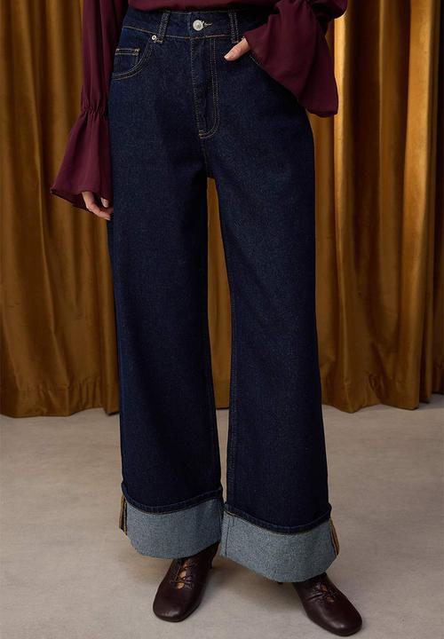 Trendyol - High Waist Wide Leg Jeans - Dark Blue