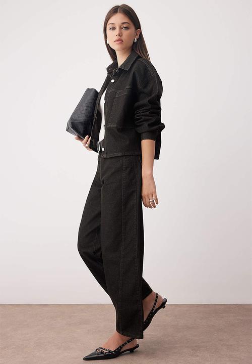 Trendyol - Stitching Detail Baggy Wide Fit Jeans - Black