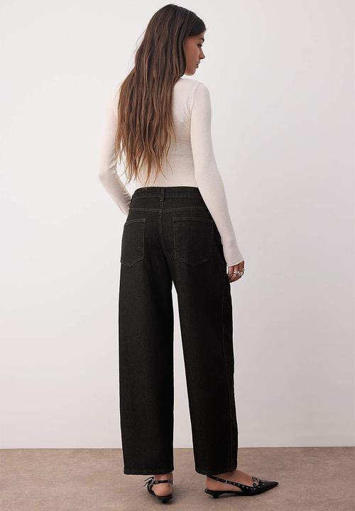 Trendyol - Stitching Detail Baggy Wide Fit Jeans - Black