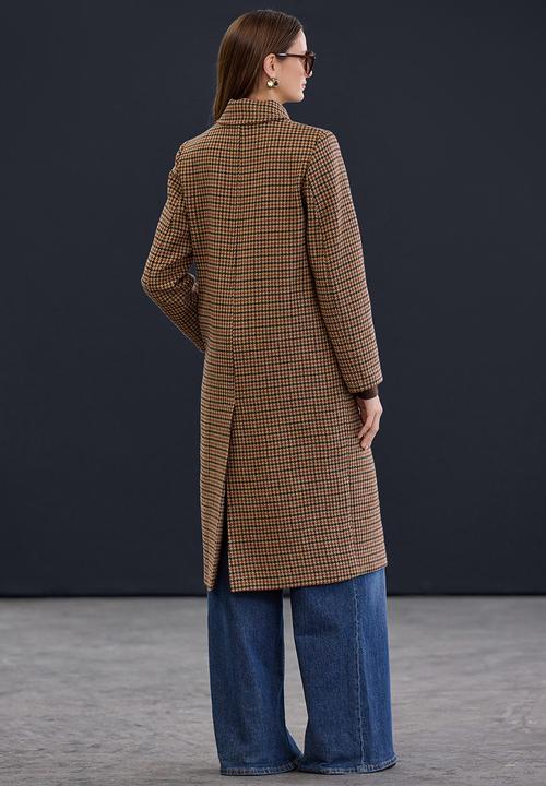 Trendyol - Houndstooth Mono Closure Regular Long Cashmere Coat - Beige