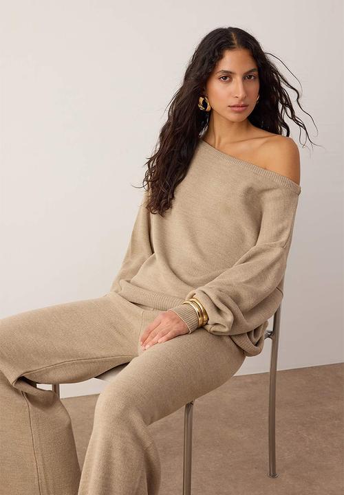 Trendyol - Boat Neck Sweater-Pants Knitwear Bottom-Top Set - Mink