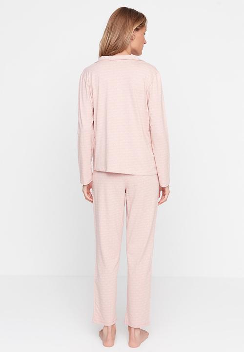 Trendyol - Printed Knitted Pajamas Set - Powder