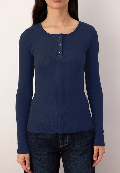 Trendyol - Snap Fastener Fitted/Bodycon Corded Fabric Stretchy Knitted Blouse - Navy Blue