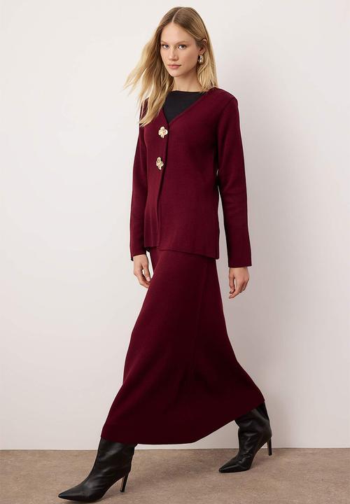 Trendyol - Gold Buttoned Knitwear Skirt Suit - Plum