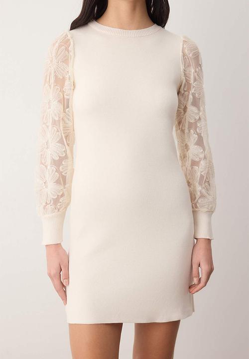 Trendyol - Mini Floral Embroidery Sleeve Detailed Knitwear Dress - Ecru