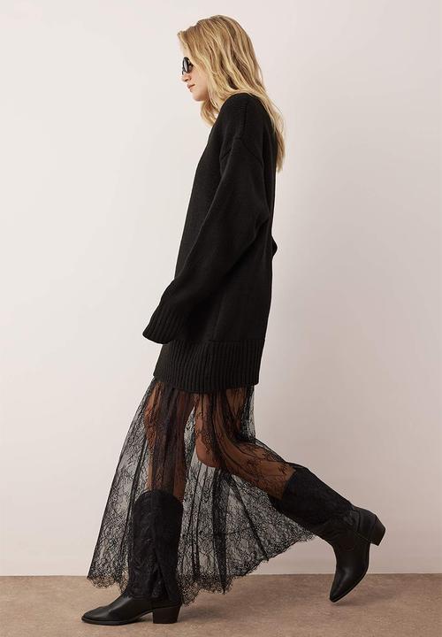 Trendyol - Plain Maxi Crew Neck Lace Hem Knitwear Dress - Black