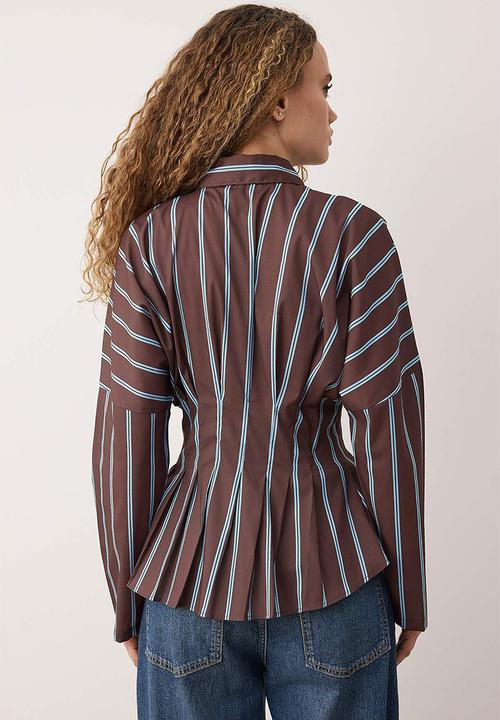 Trendyol - Striped Lycra Fitted Waist Shirt - Brown Multicolored