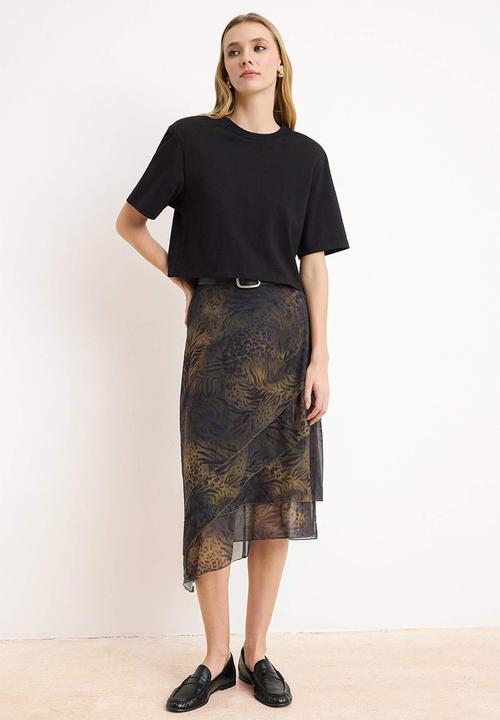 Trendyol - Ruffled Abstract Pattern Knitted Skirt - Khaki