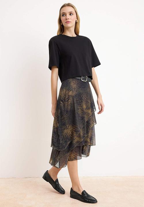 Trendyol - Ruffled Abstract Pattern Knitted Skirt - Khaki