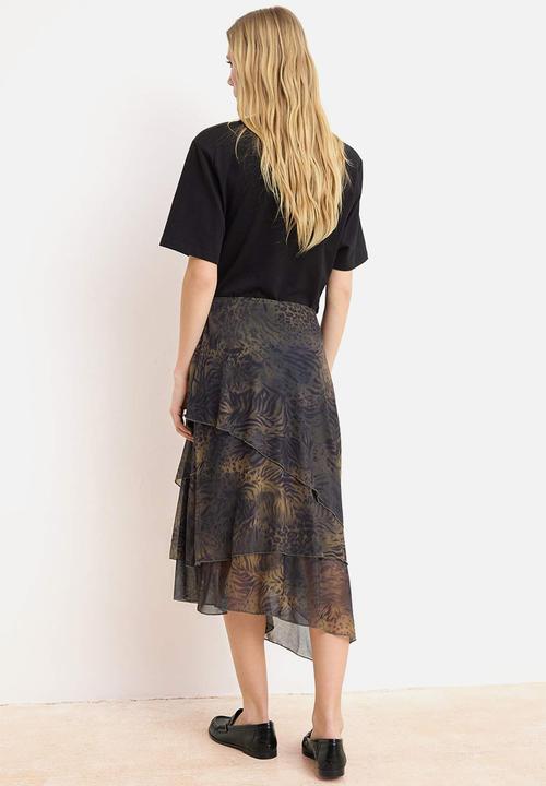 Trendyol - Ruffled Abstract Pattern Knitted Skirt - Khaki