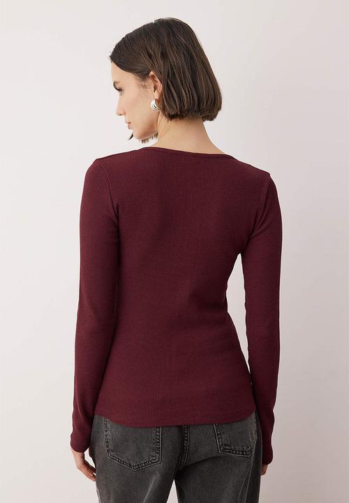 Trendyol - Snap Fastener Fitted/Bodycon Corded Fabric Flexible Knitted Blouse - Burgundy