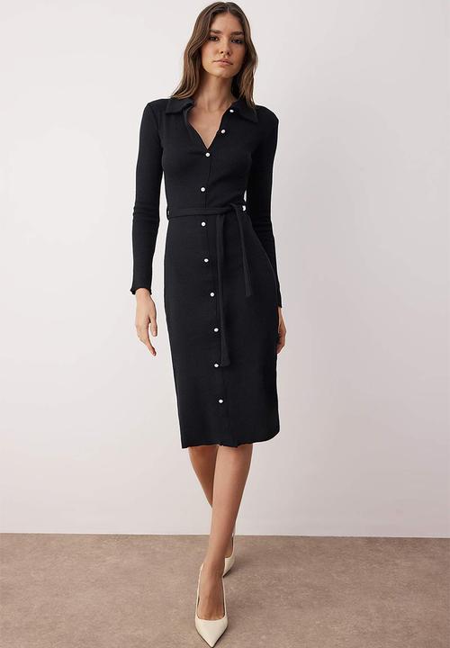Trendyol - Fitted Long Sleeve Polo Neck Ribbed Buttoned Stretchy Midi Knitted Dress - Black