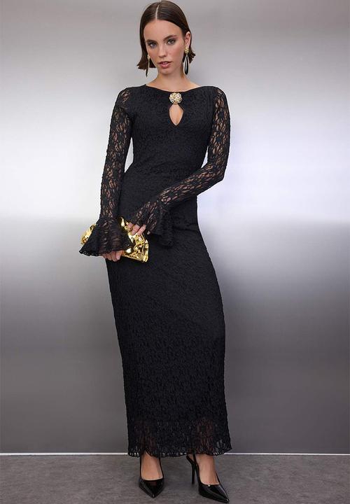 Trendyol - Plain Accessory Detailed Lace Maxi Lined Dress - Black
