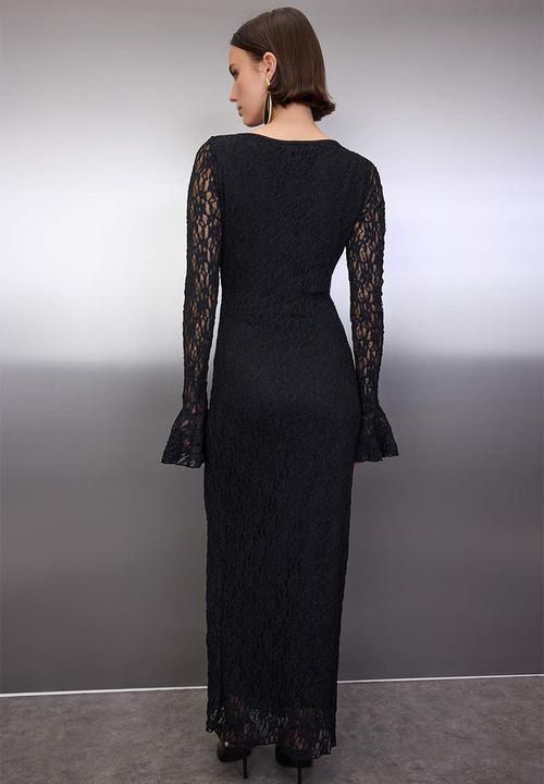 Trendyol - Plain Accessory Detailed Lace Maxi Lined Dress - Black