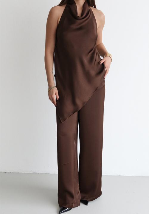 Trendyol - Satin Blouse Pants Party Bottom-Top Set - Brown