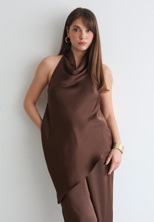 Trendyol - Satin Blouse Pants Party Bottom-Top Set - Brown