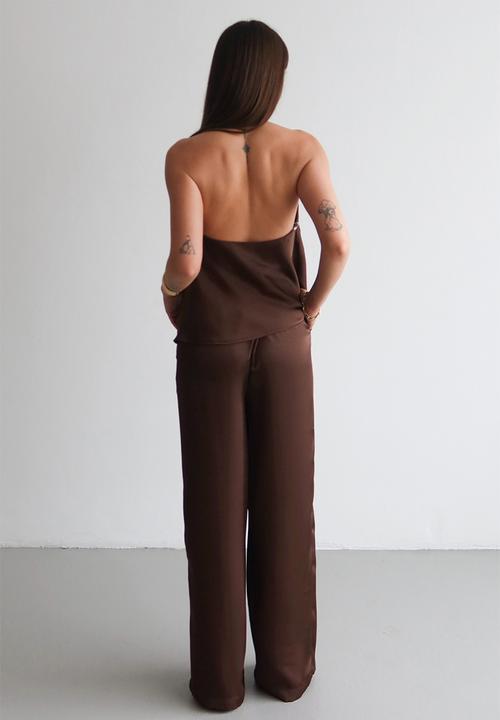 Trendyol - Satin Blouse Pants Party Bottom-Top Set - Brown