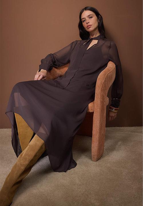 Trendyol - Chiffon Lined Woven Dress - Dark Brown