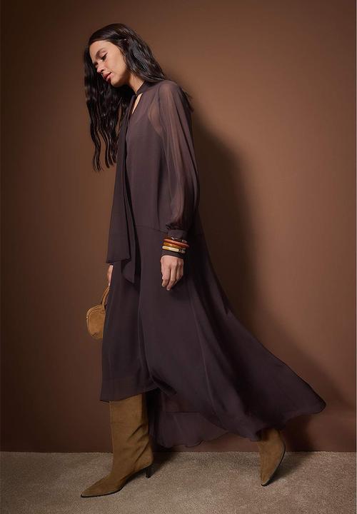 Trendyol - Chiffon Lined Woven Dress - Dark Brown