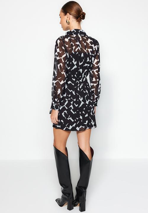 Trendyol - Double Breasted Tie Detailed Mini Mono Patterned Woven Dress - Black