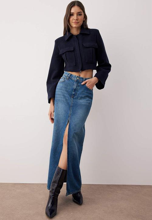 Trendyol - Slit Maxi Denim Skirt - Blue