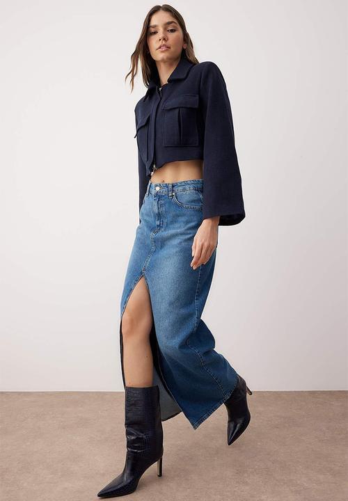 Trendyol - Slit Maxi Denim Skirt - Blue